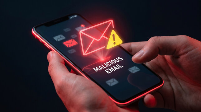 A close-up of a hand holding a smartphone displaying a warning for a malicious email, highlighting digital security concerns.