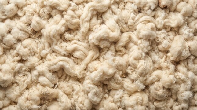 Close up of natural fluffy wool fibers in creamy white