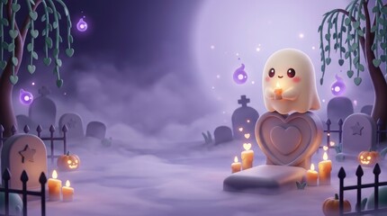 Naklejka premium 3D Kawaii Ghost Holding Candle on Heart Tombstone in Whimsical Spooky Cemetery at Twilight, Purple Mist Landscape with Large Copy Space for Halloween Memorial Banner