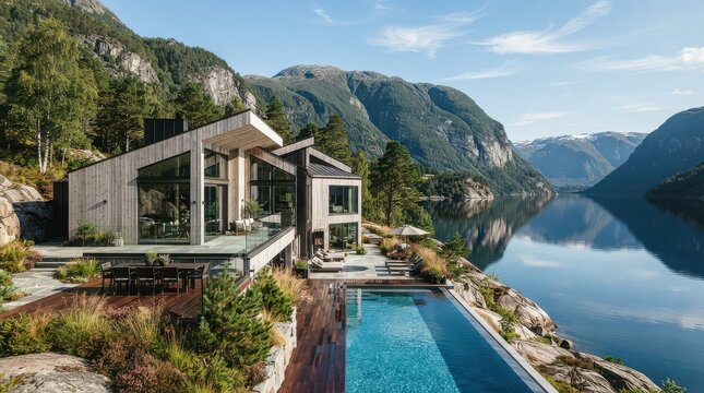 Angular timber house with narrow swimming pool beside a rocky mountain lake