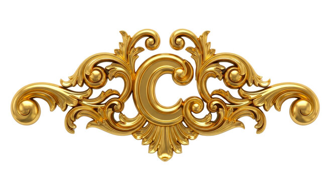 Ornate gold baroque scrollwork ornament on white background