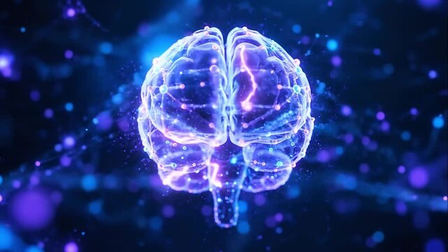 Glowing 3D artificial intelligence brain with neural network and synaptic pulses, deep learning and machine intelligence concept