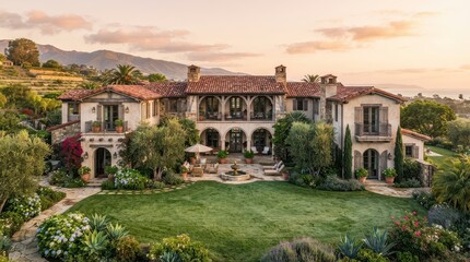 Obraz premium Mediterranean style villa with courtyard fountain and broad lawn near the sea