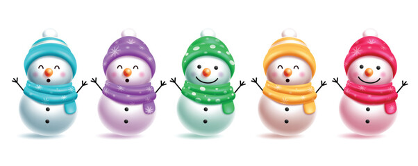 Obraz premium Cute Christmas Snowman Vector Character Set in Colorful Winter Beanies and Scarves Isolated Asset