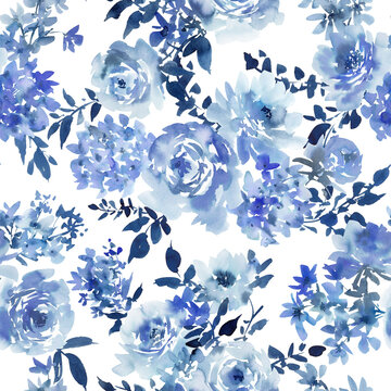 Watercolor Elegant Blue Seamless Pattern with Abstract Hand-Painted Peonies, Wildflowers for Fabric, Wallpaper, Wedding Invitations, and Surface Design