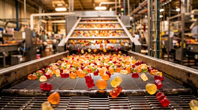 Colorful gummy candy candies moving along industrial conveyor belts inside a large commercial food processing factory setting with machinery and equipment during mass production