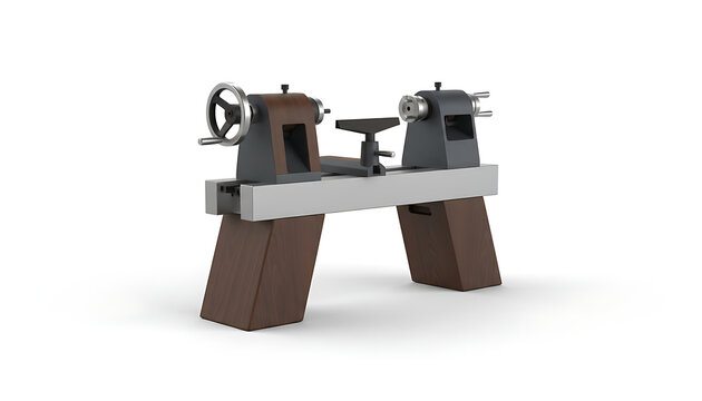 3D render of a classic wood lathe machine isolated on a white background.
