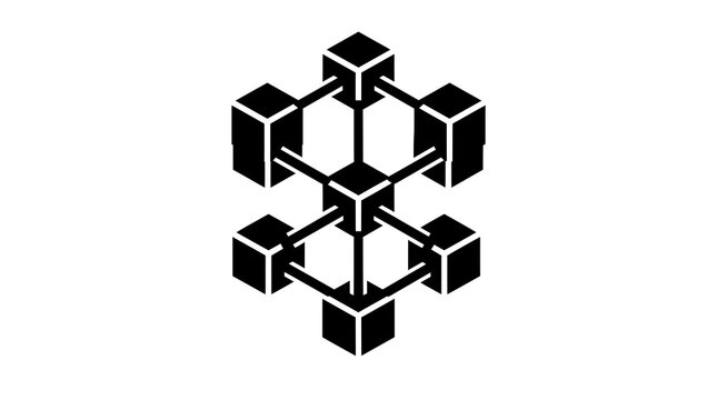 Black geometric cube symbol design on white background