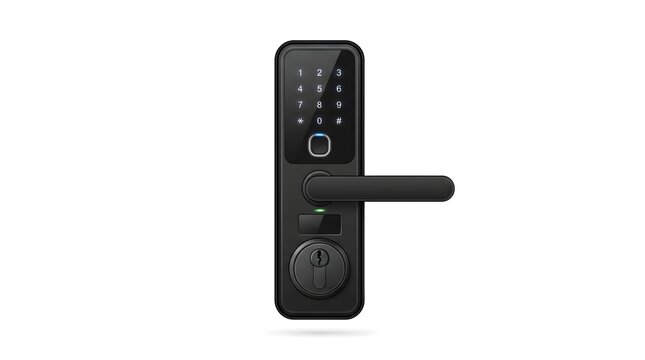 Black digital door lock with keypad and handle on white background
