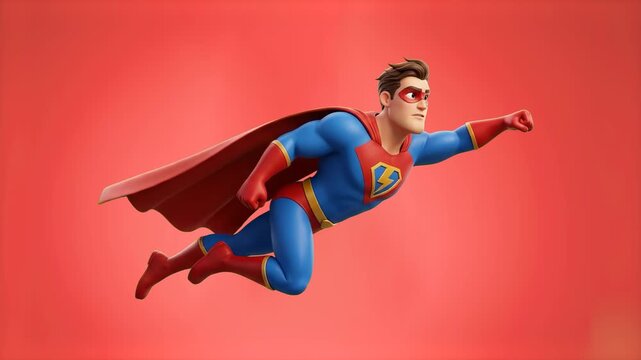 A powerful 3D cartoon male superhero suspended in mid-air in a controlled hover pose, wearing his blue and red suit with a flowing red cape against a warm red backdrop. Great for dramatic game intros,