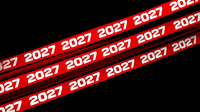 Red ticker tape with 2027 year pattern on black background for New Year celebration design