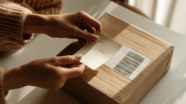 Cardboard parcel being prepared for delivery by hands placing a shipping label on a brown package.
