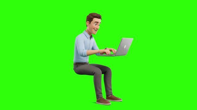 A 3D animated young man in a shirt sitting and typing on a laptop computer with a smile on a chroma key green background. Perfect for remote work videos, software development clips, online learning, f