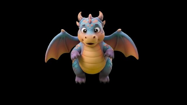 A friendly 3D cartoon baby dragon in a constant hovering flight pattern, keeping its position while flapping its blue-and-purple wings, isolated on a dark black background. Excellent for game develope