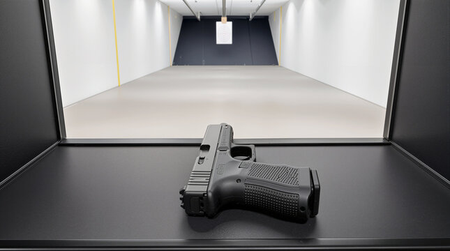 Black semi-automatic pistol handgun lying on booth shelf at modern indoor shooting range lane with paper target in background