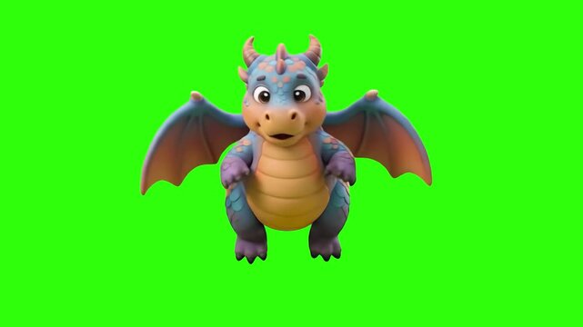 A cute 3D cartoon baby dragon levitating and flying 'on the spot' while vigorously flapping its small wings, isolated on a solid green chroma key background. Perfect for kids' educational videos, fant