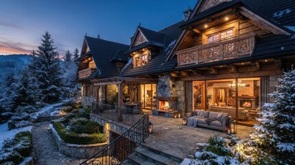 Fototapeta premium Timber chalet with carved balconies and stone terrace in snow
