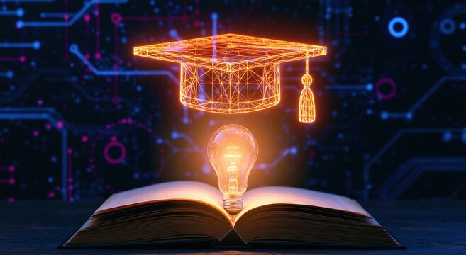 Education and technology innovation with a glowing lightbulb for digital learning