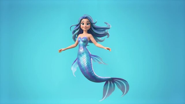 A beautiful 3D animated mermaid with long blue hair and a shimmering tail swimming gracefully in underwater atmosphere against a turquoise blue background. Suitable for fantasy themes, ocean myths, fa