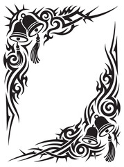 Obraz premium Tribal Tattoo Style Frame with Lucky Bell and Ornamental Tassel, Black and White Abstract Border Design with Central Copy Space