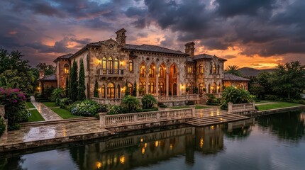 Fototapeta premium Stone waterfront mansion with pointed arch windows beneath sunset clouds