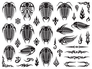 Fototapeta premium Tribal trilobite fossil tattoo design set featuring segmented exoskeleton silhouettes and ornamental abstract shapes in black and white vector style.