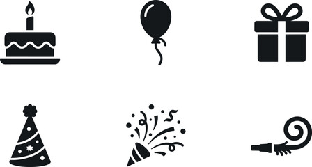 Fototapeta premium Birthday celebration black silhouette icon set featuring cake balloon gift box party hat confetti popper and noisemaker flat vector design