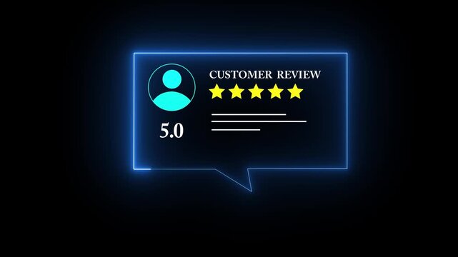 Glowing blue color neon Rating 5 stars icon animation.  customer review concept, character giving five star feedback on neon rectangle. 4k animated customer satisfaction rating reivew video
