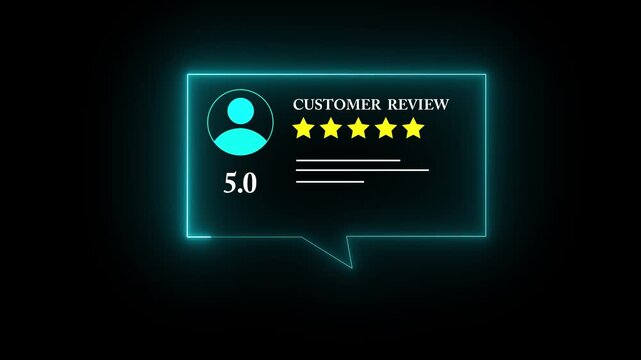 Glowing cyan color neon Rating 5 stars icon animation.  customer review concept, character giving five star feedback on neon rectangle. 4k animated customer satisfaction rating reivew video