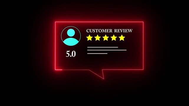 Glowing red color neon Rating 5 stars icon animation.  customer review concept, character giving five star feedback on neon rectangle. 4k animated customer satisfaction rating reivew video