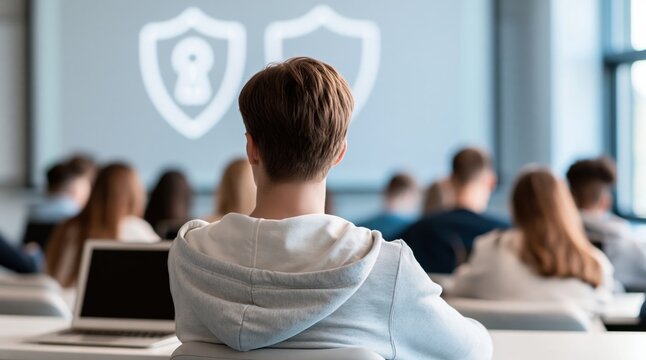 Student attending a university lecture on cybersecurity education and digital shield