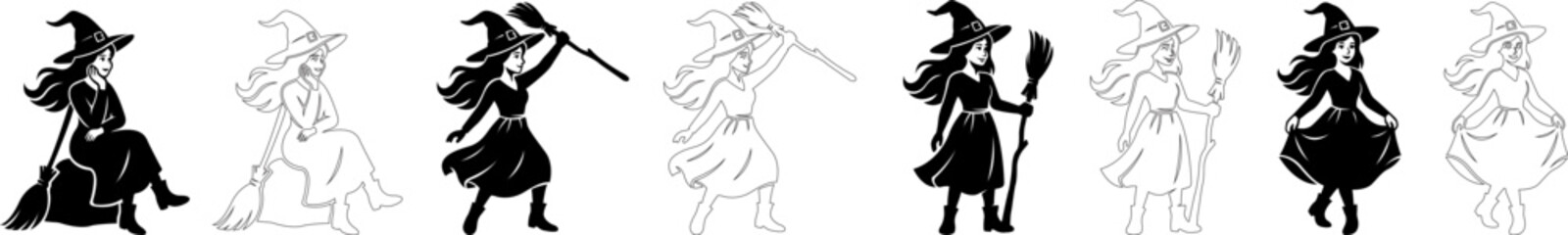 Fototapeta premium Set of artistic hand-drawn witch silhouettes and linear sketches for Halloween magic themes and mysterious fantasy character design elements