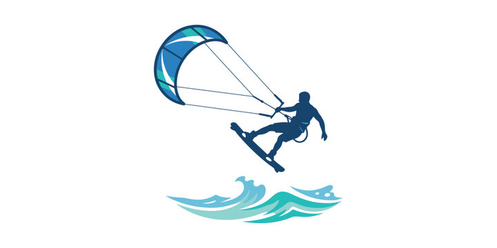 Kitesurfer Jumping Over Waves Vector Illustration.