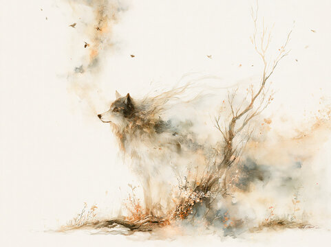 Watercolor wolf beside a bare tree with birds in a misty forest.