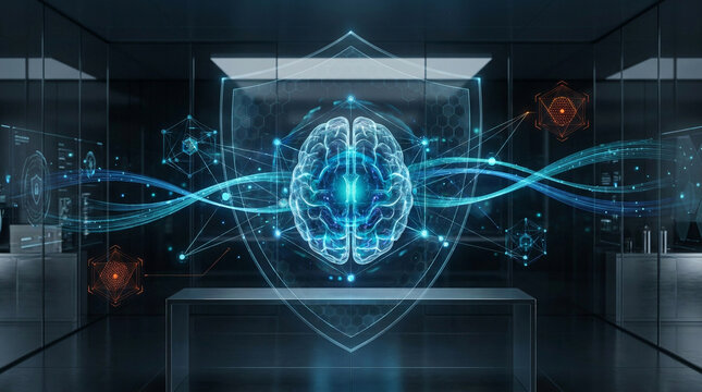 Futuristic AI Cybersecurity Neural Network Protecting Digital Data and Network Security