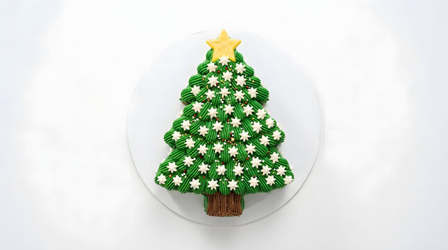 Cake shaped like a christmas tree decorated with green frosting and white star sprinkles on a transparent background plate.