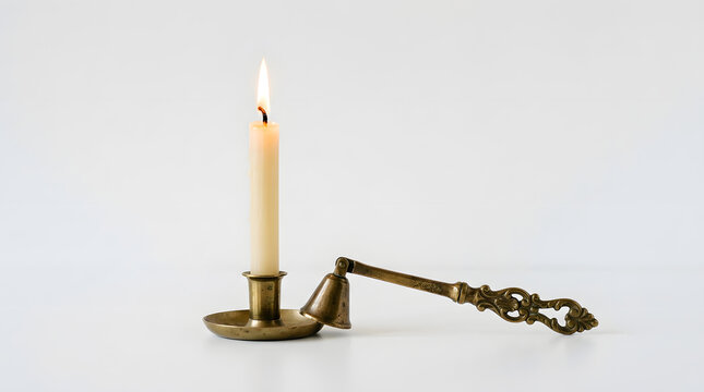 Burning candle in a vintage brass holder with an attached snuffer sits on a minimalist surface.