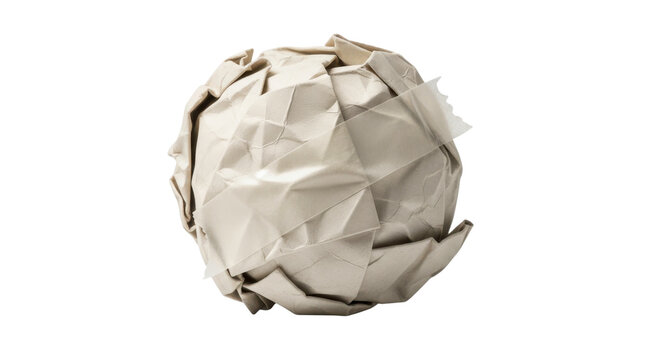 A single ball of crumpled beige paper on a white background