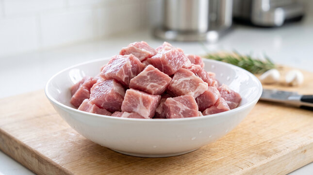Pile of raw, cubed pork in a white bowl on a wooden board, representative of food preparation and cooking.