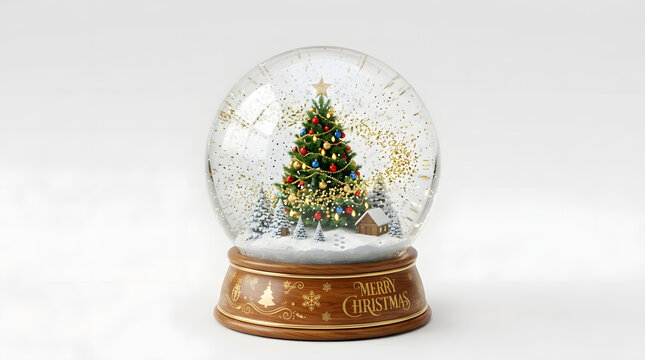 Snowglobe featuring a decorated miniature Christmas tree inside rests on a smooth surface with plenty of empty surrounding space.