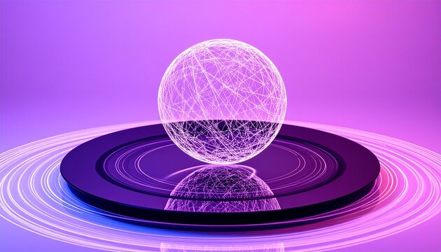 Abstract qubit sphere of woven light filaments hovering above a polished dark plate