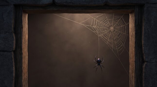 Spooky black spider hanging from wooden window frame with dusty cobweb in dark basement background.