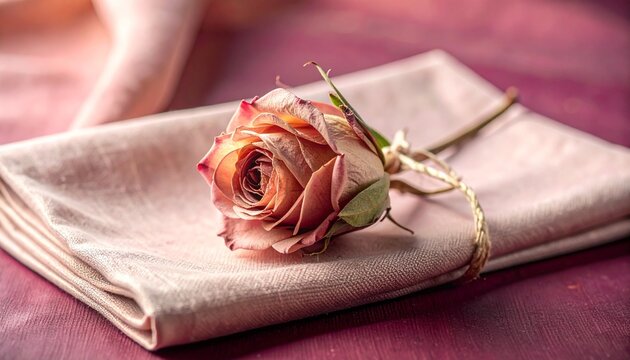 Dried rose bud tied with silk cord resting on a folded blush linen napkin