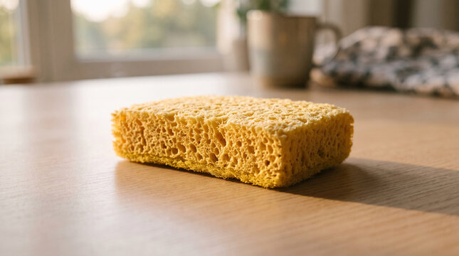 Close-up of a yellow sponge with visible pores on a wooden surface, representing cleaning, household chores, and essential utility items