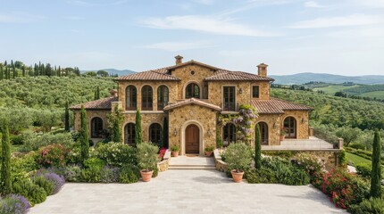Obraz premium Front view of stone villa with arched wooden door and flowering garden