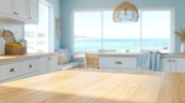 Empty Wooden Countertop in Bright Coastal Kitchen with Blurred Ocean View for Product Display Presentation Mockup Style
