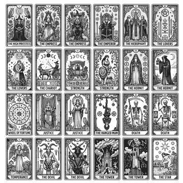Victorian Tarot Cards Featuring Mystical Figures and Symbols in Black and White