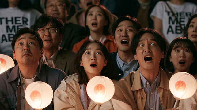 Excited crowd looking up in awe and holding glowing lightsticks at a live concert