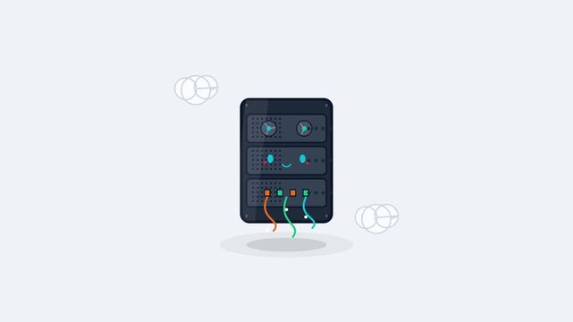 Animated cute server rack character with blinking eyes and glowing data cables