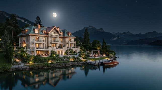 Lakeside mansion with dormer windows and moored wooden boat at night